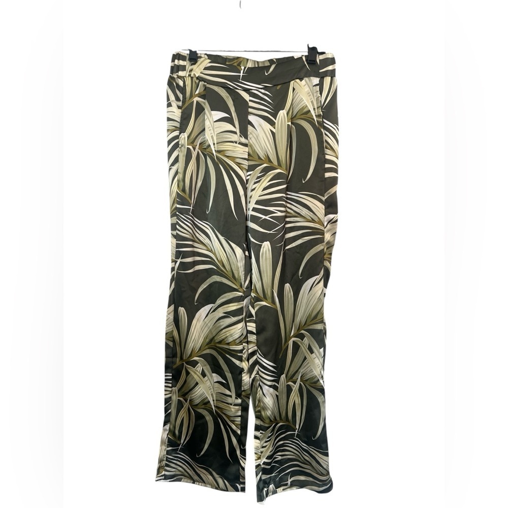Rachel Zoe Palm Print Wide Leg Pants Tropical Green Elastic Waist M Vacation - Picture 4 of 8